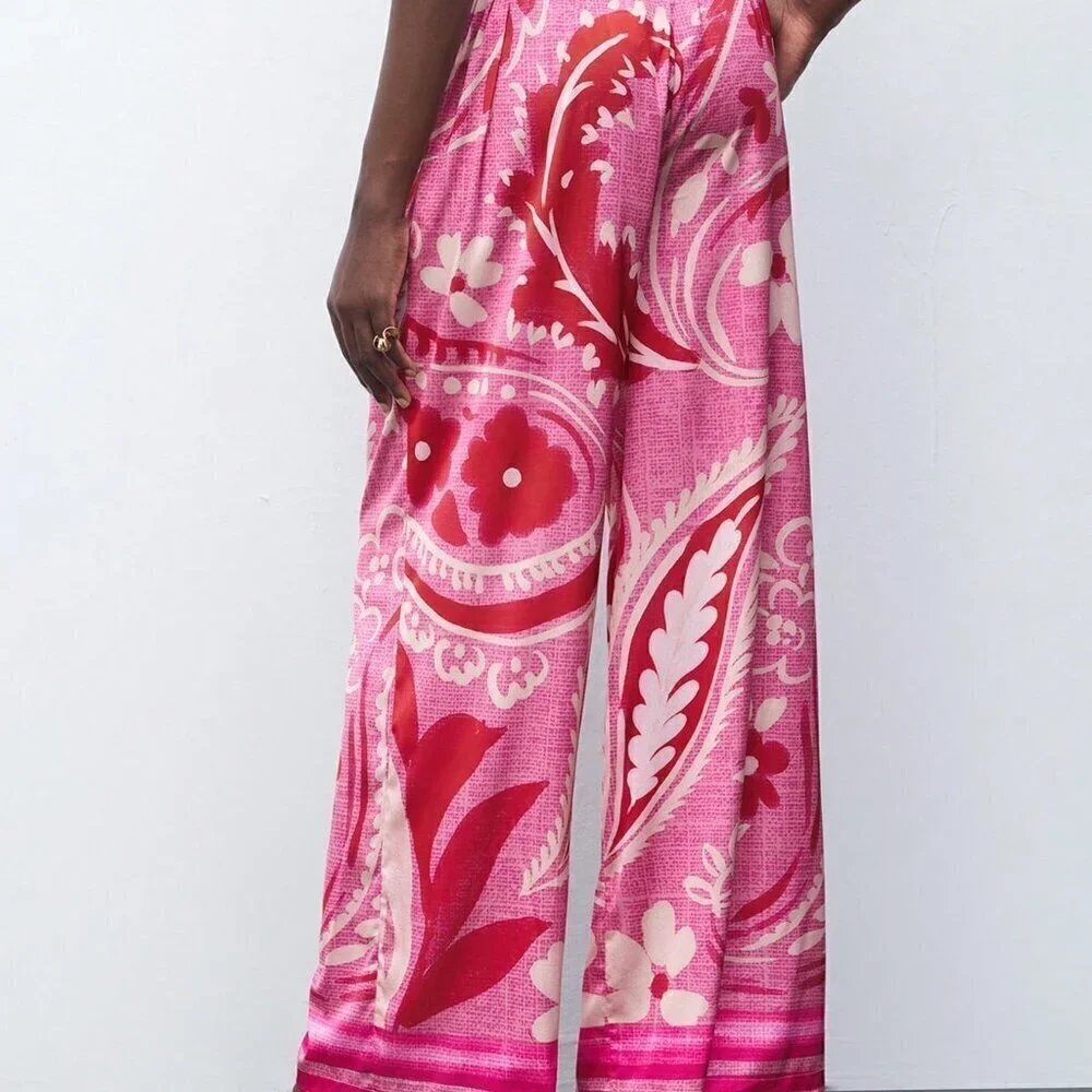 Hot Pink Casual Women's Floral Print Straight Leg Pants For Vacation - Picture 3 of 7